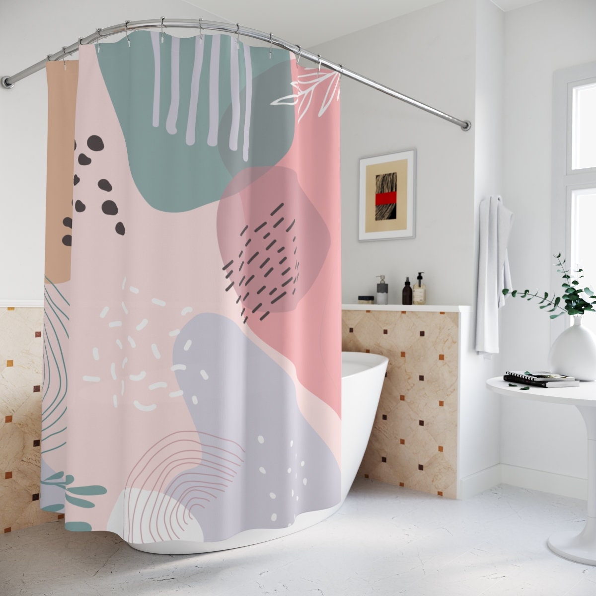 Boho Abstract Pattern Shower Curtain or Mat, Modern Blue Pink, Lake Designer Curtain