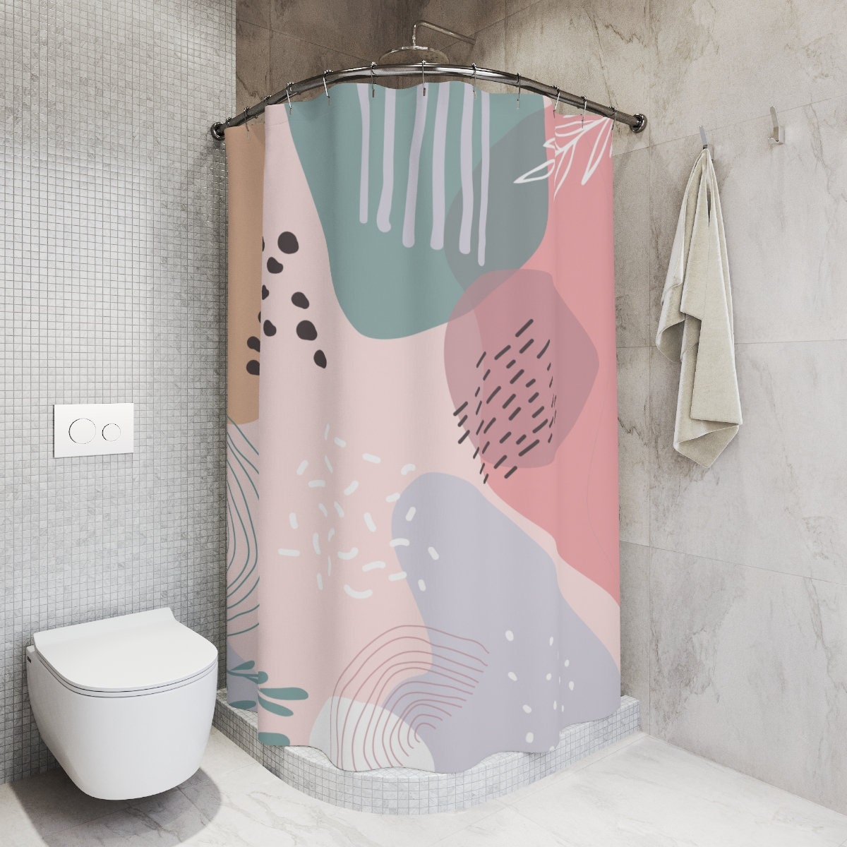 Boho Abstract Pattern Shower Curtain or Mat, Modern Blue Pink, Lake Designer Curtain - Image 2