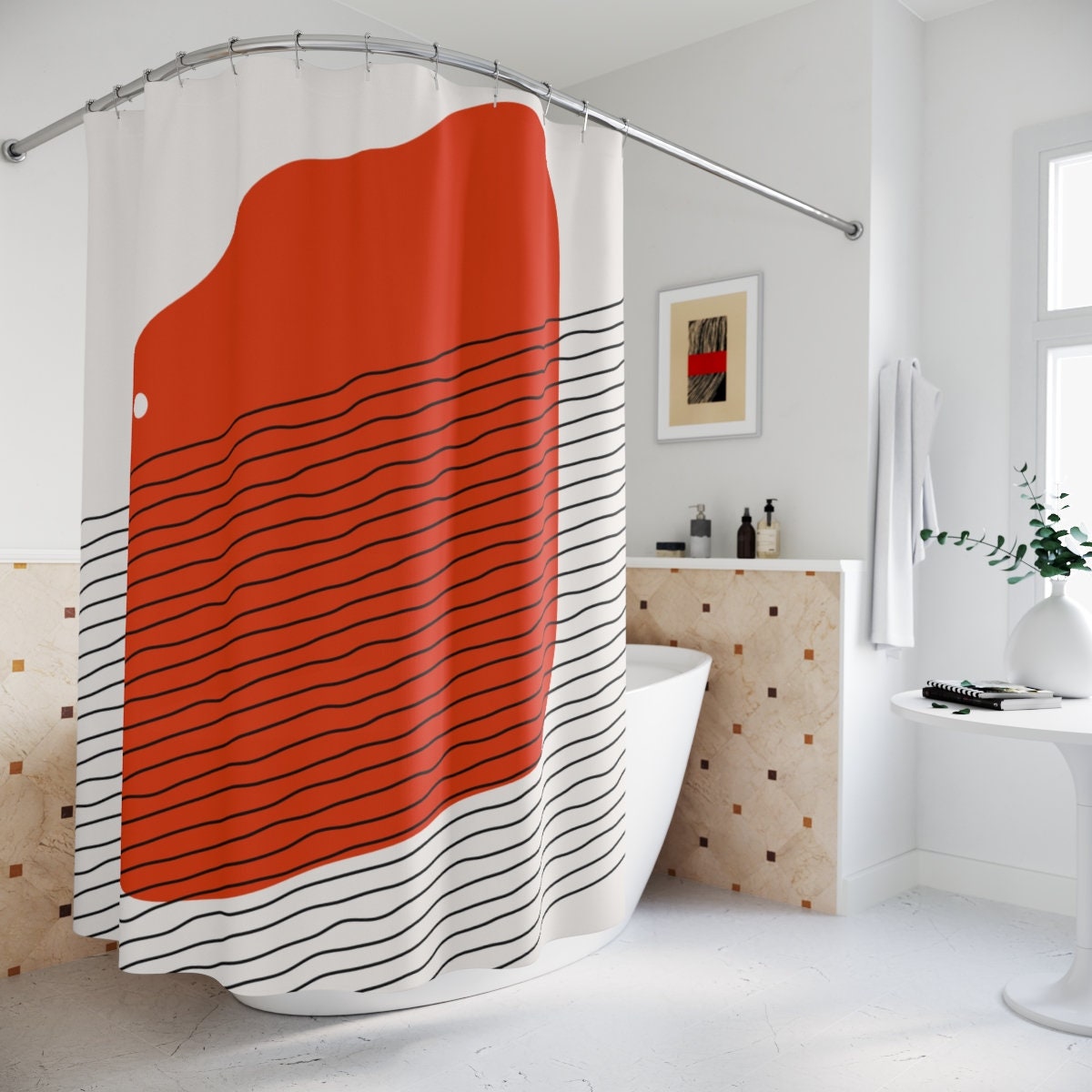 Boho Abstract Red Circle Shower Curtain or Mat, Modern Pal Minimal, Decoration - Luxury Shower Curtains