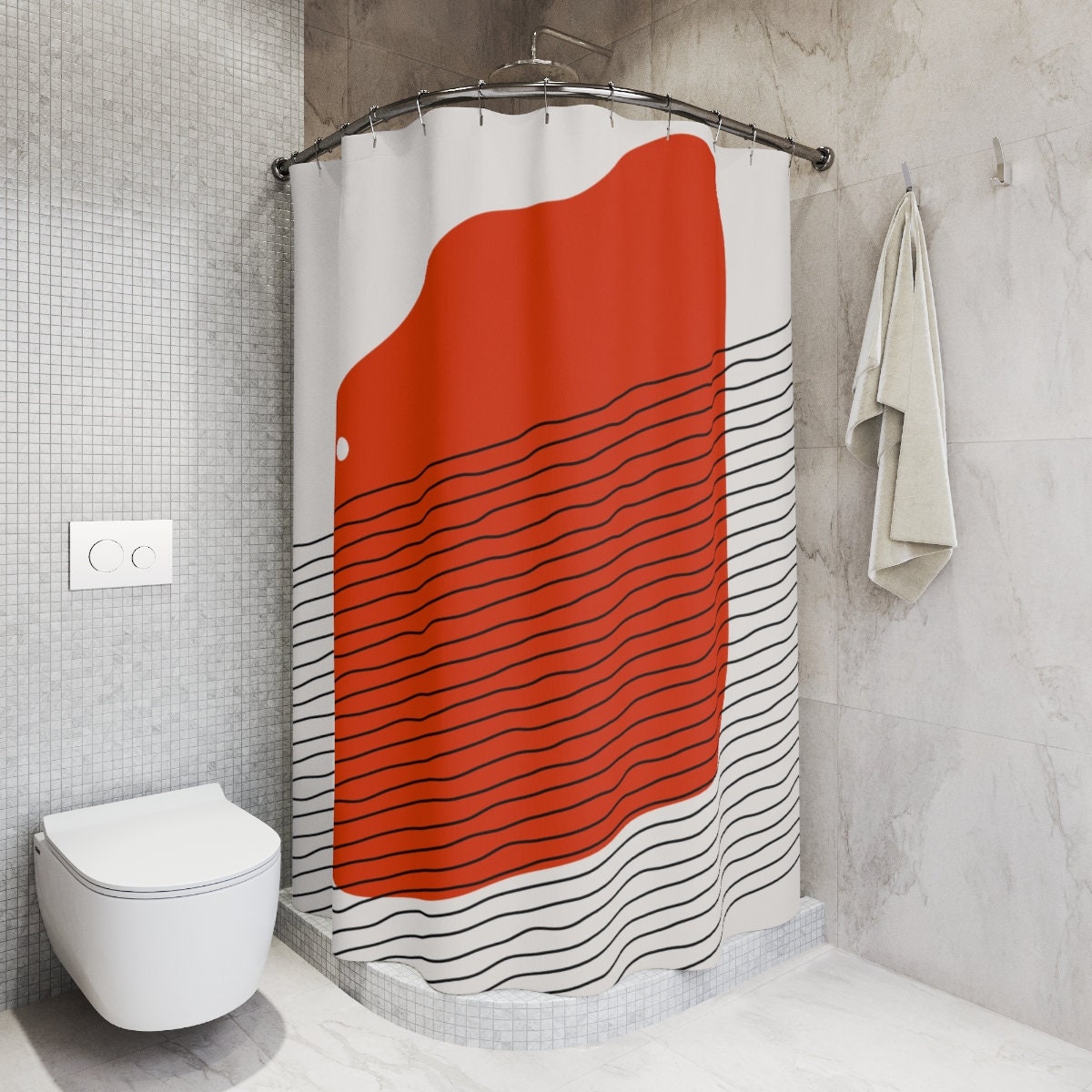 Boho Abstract Red Circle Shower Curtain or Mat, Modern Pal Minimal, Decoration - Luxury Shower Curtains - Image 2