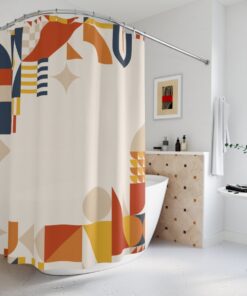 Boho Abstract Shapes Shower Curtain or Mat, Modern Orange, Lake Designer Curtain, Bathroom Curtain