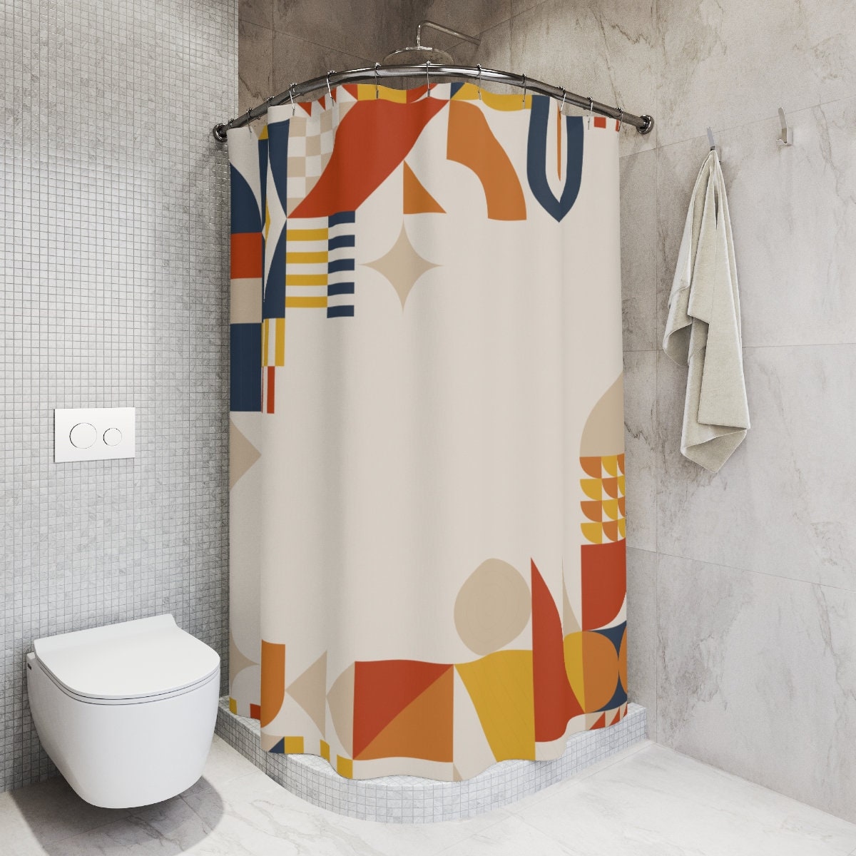Boho Abstract Shapes Shower Curtain or Mat, Modern Orange, Lake Designer Curtain, Bathroom Curtain - Image 2