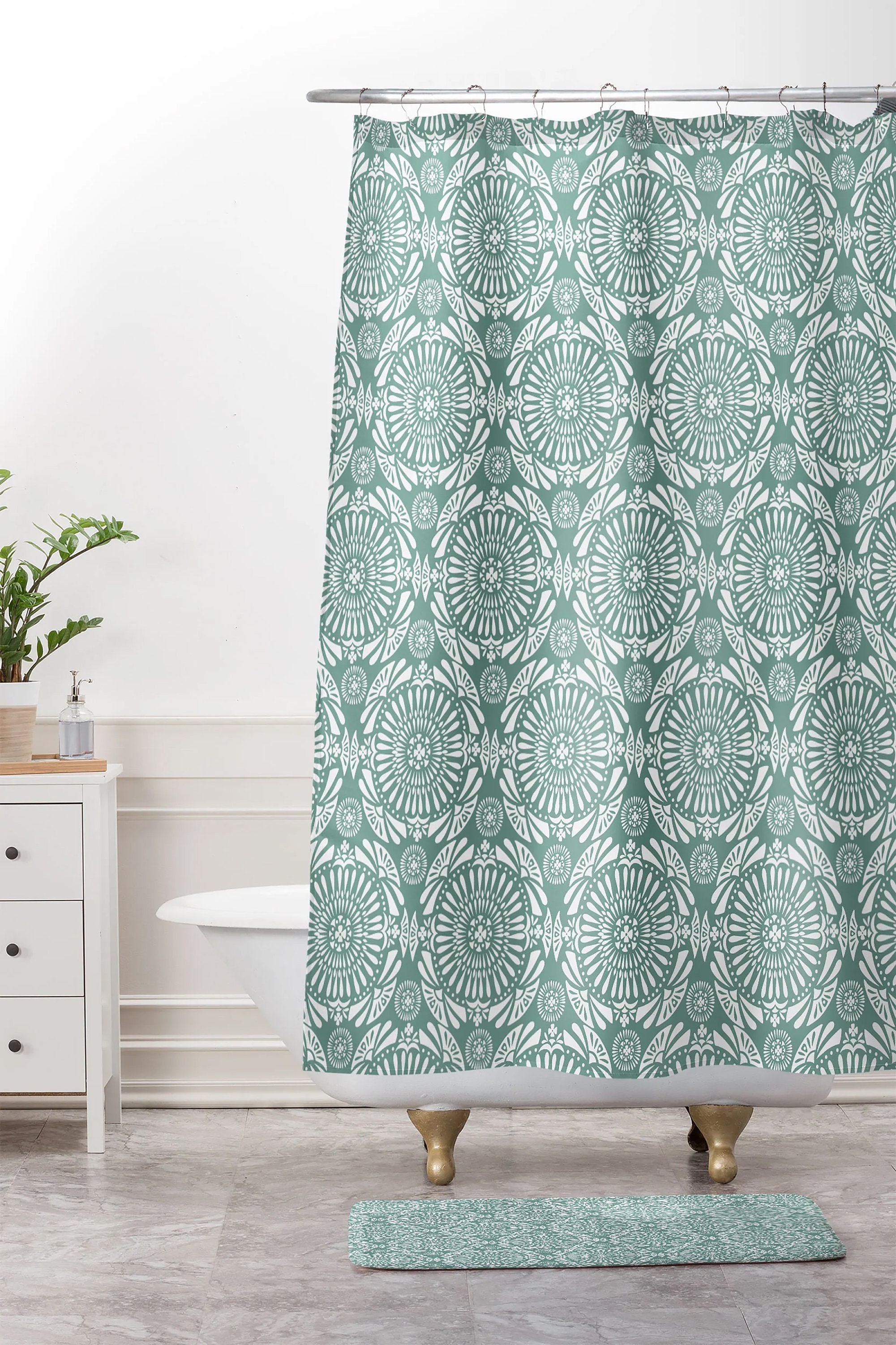 Boho Bath Curtain with Geometric Green Mandala Print, Perfect for a Bohemian Styled Bathroom, Shower Curtain
