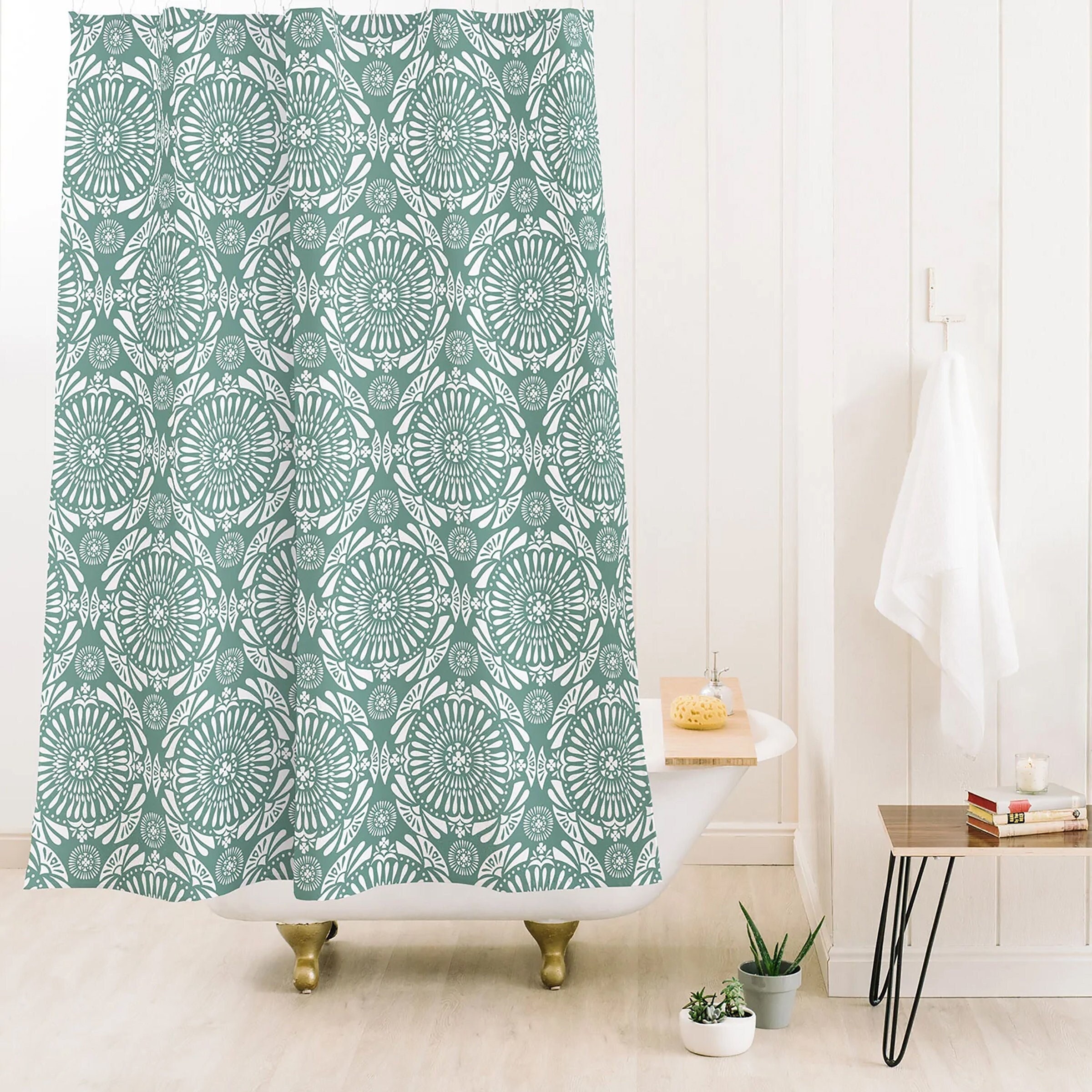 Boho Bath Curtain with Geometric Green Mandala Print, Perfect for a Bohemian Styled Bathroom, Shower Curtain - Image 2