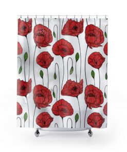 Boho Bath Curtain with Red Poppy Flowers, Floral and Green and White Decor, Artistic Touches for Your Bathroom