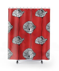 Boho Bath Curtain with Red Poppy Flowers, Floral and Silver Decor, Artistic Touches for Your Bathroom