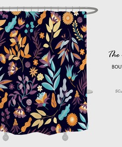 Boho Bathroom Shower Curtain with Watercolor Floral Plants Design