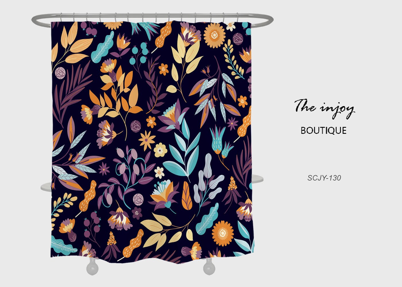 Boho Bathroom Shower Curtain with Watercolor Floral Plants Design