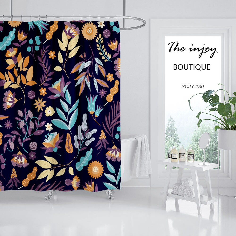 Boho Bathroom Shower Curtain with Watercolor Floral Plants Design - Image 2