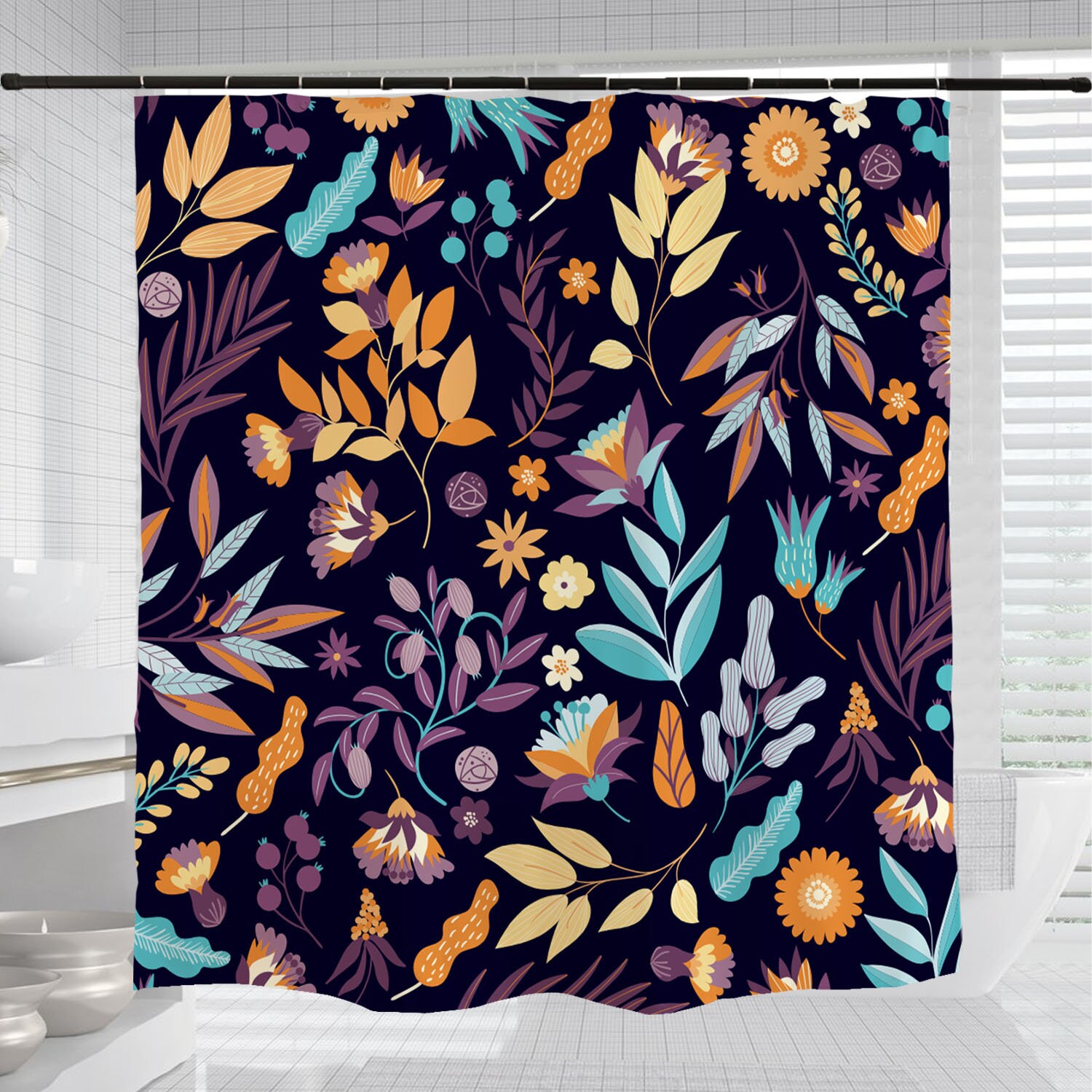 Boho Bathroom Shower Curtain with Watercolor Floral Plants Design - Image 3