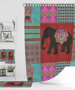 Boho Batik Elephant Shower Curtain with Customizable Bath Mat and Towel Options for Boho Bathroom Decor