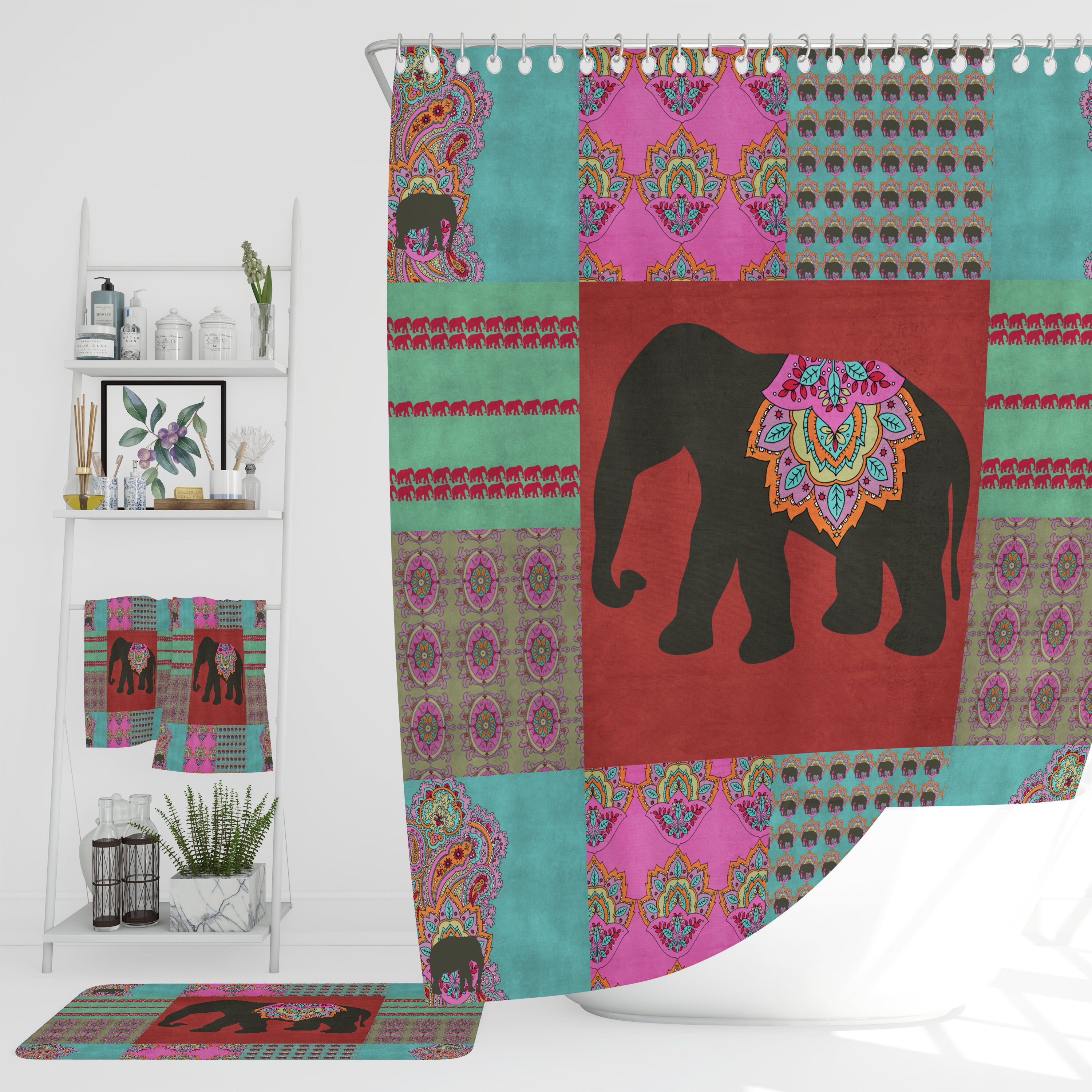 Boho Batik Elephant Shower Curtain with Customizable Bath Mat and Towel Options for Boho Bathroom Decor