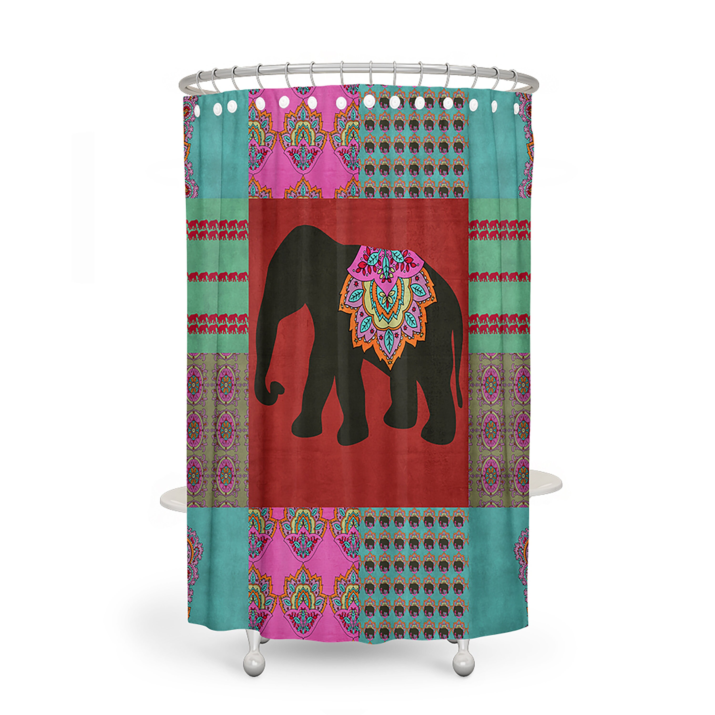Boho Batik Elephant Shower Curtain with Customizable Bath Mat and Towel Options for Boho Bathroom Decor - Image 2