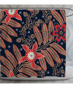 Boho Batik Shower Curtain, Red and Blue Floral Motif, Ethnic Bathroom Decor