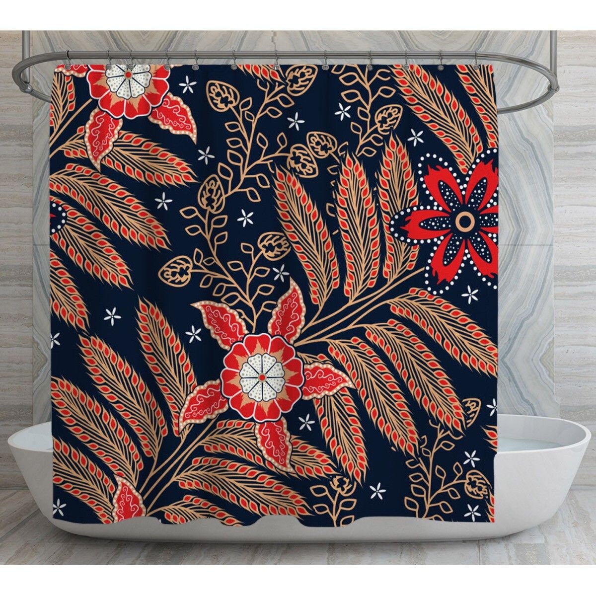 Boho Batik Shower Curtain, Red and Blue Floral Motif, Ethnic Bathroom Decor