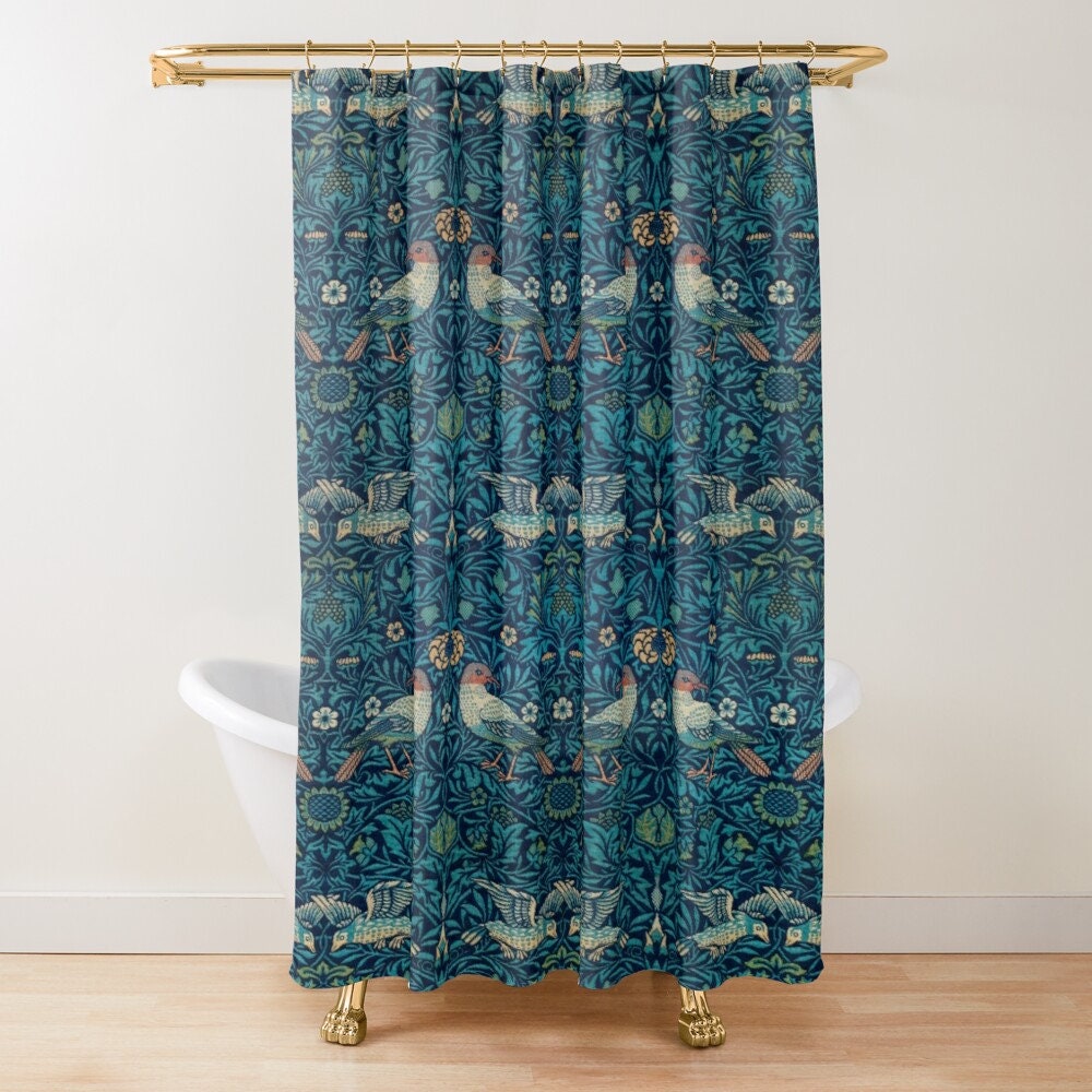 Boho Birds and Strawberries Shower Curtain - Art Nouveau Design Featuring Eco-Friendly and Waterproof Materials - Image 2