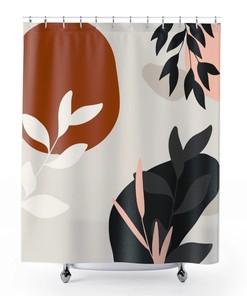 Boho Botanical Abstract Shower Curtain, Beige Rust Black White Blush Branches Leaves Bath Curtain, Modern Decor Gift