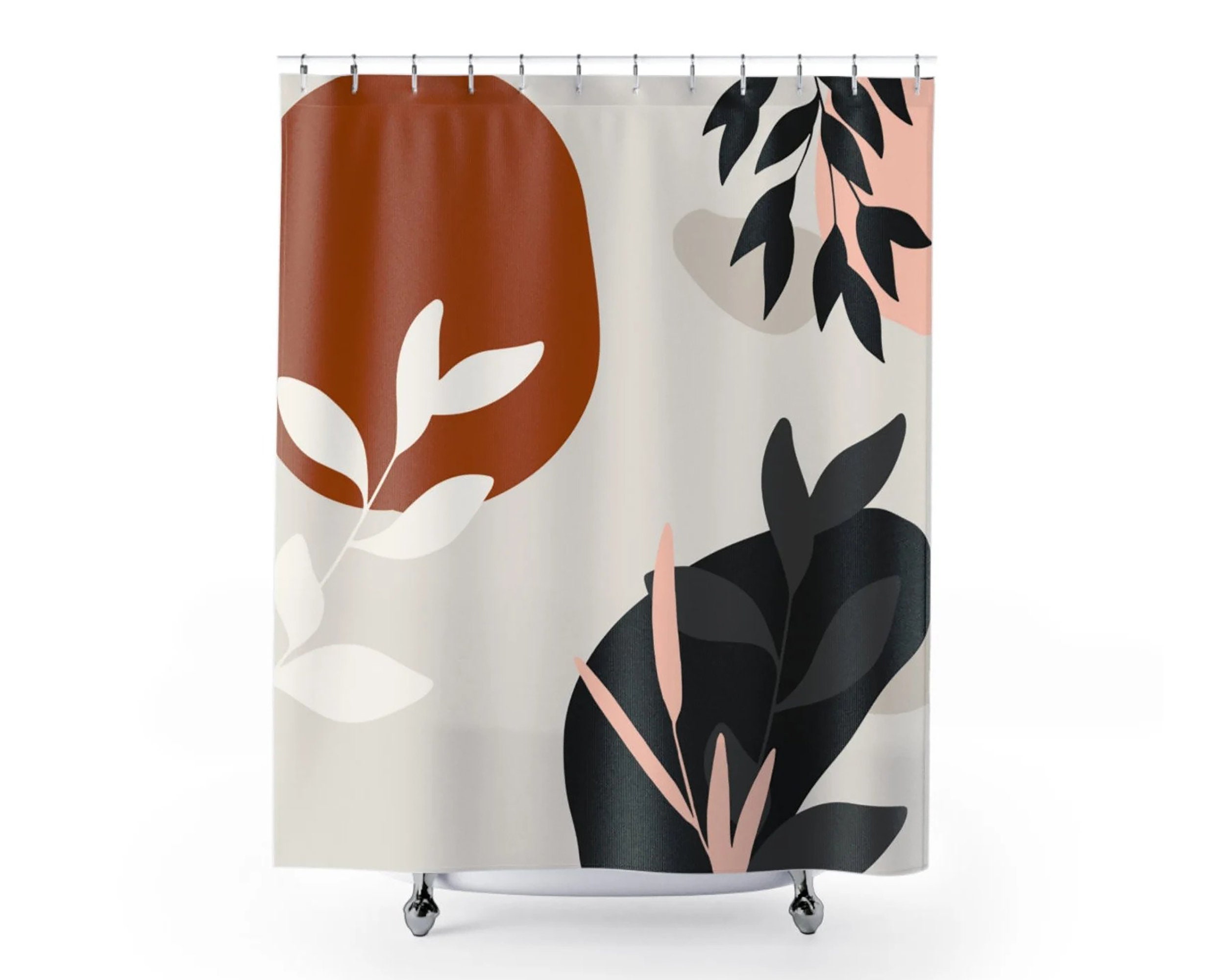 Boho Botanical Abstract Shower Curtain, Beige Rust Black White Blush Branches Leaves Bath Curtain, Modern Decor Gift