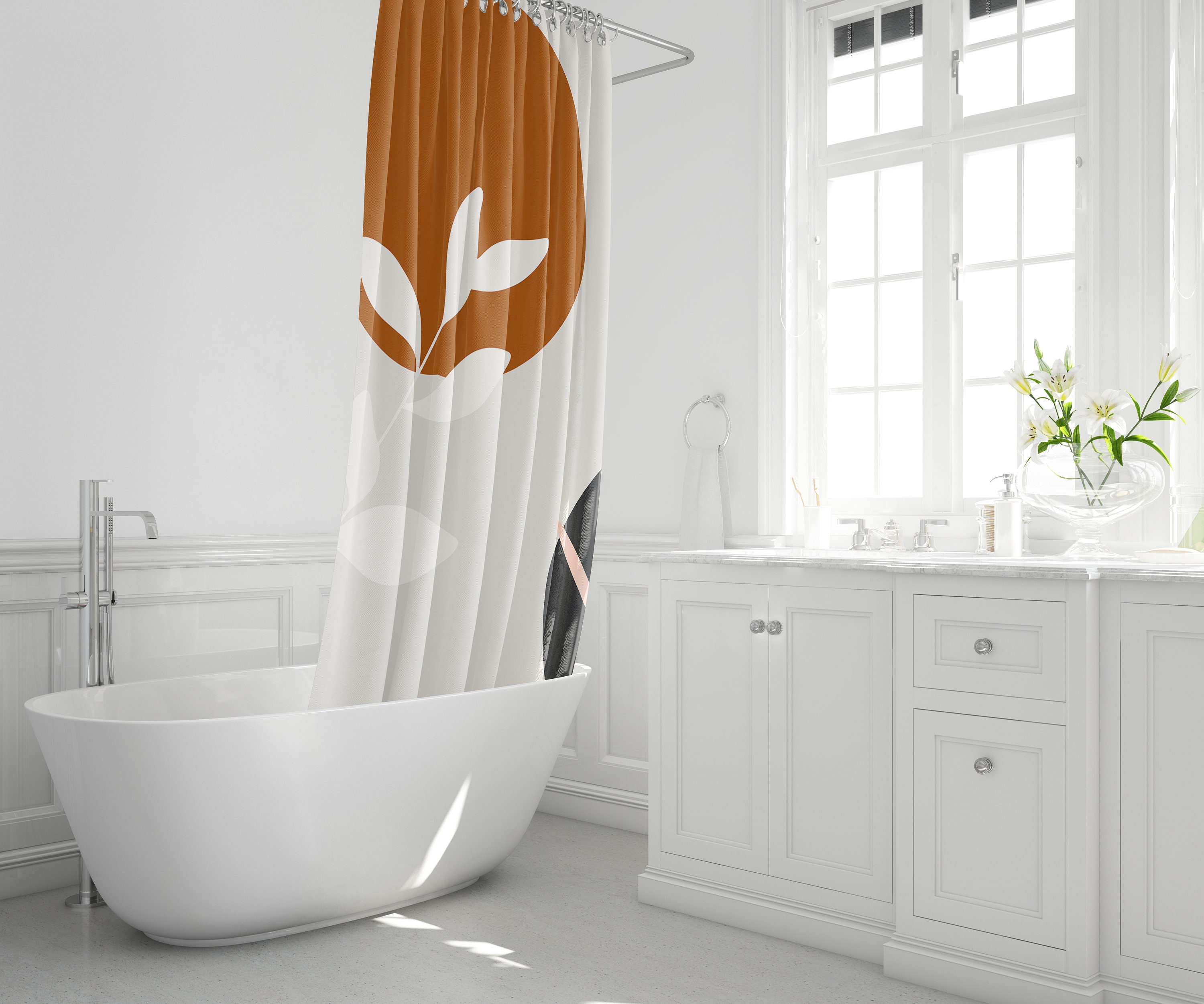 Boho Botanical Abstract Shower Curtain, Beige Rust Black White Blush Branches Leaves Bath Curtain, Modern Decor Gift - Image 2