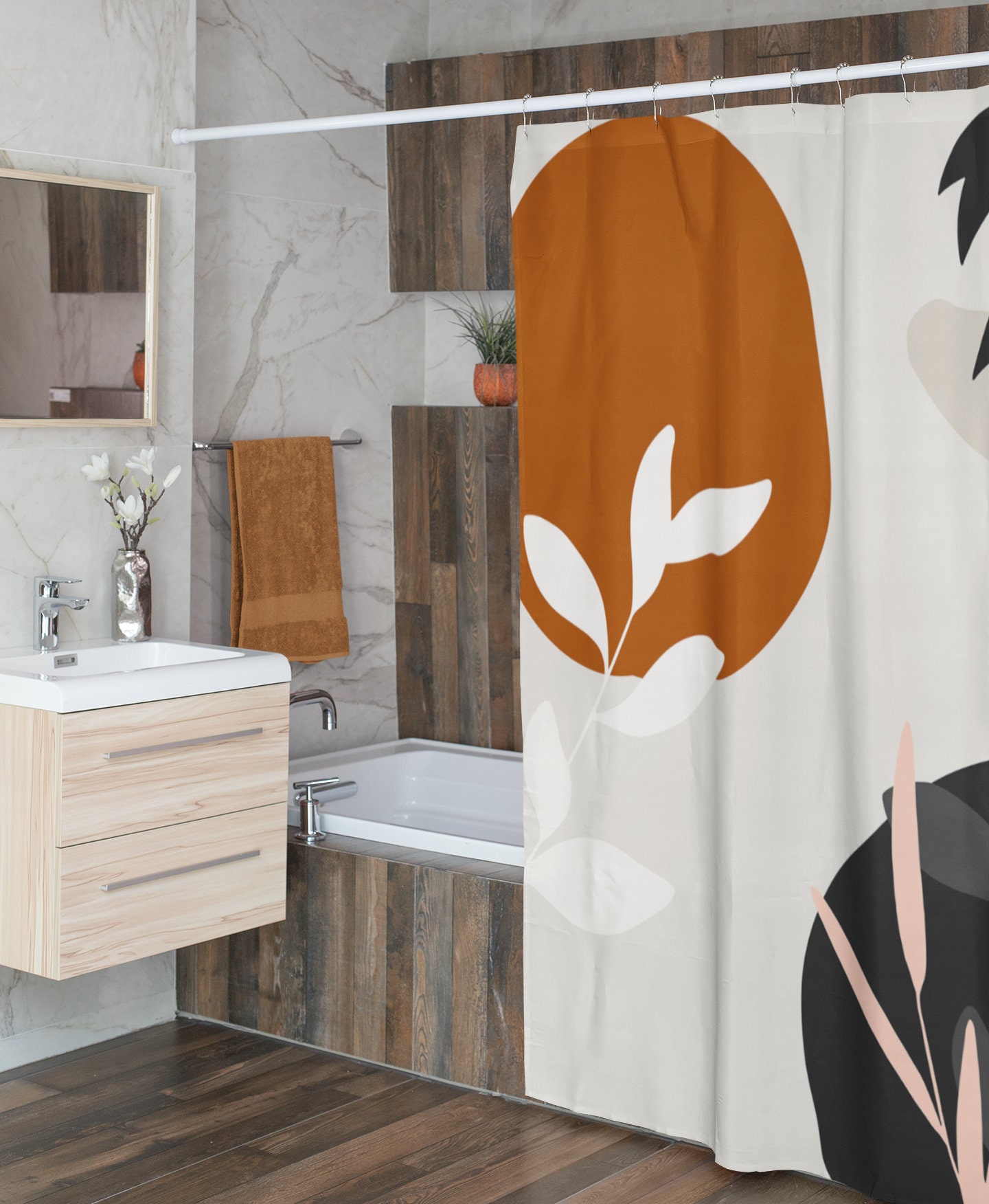 Boho Botanical Abstract Shower Curtain, Beige Rust Black White Blush Branches Leaves Bath Curtain, Modern Decor Gift - Image 3