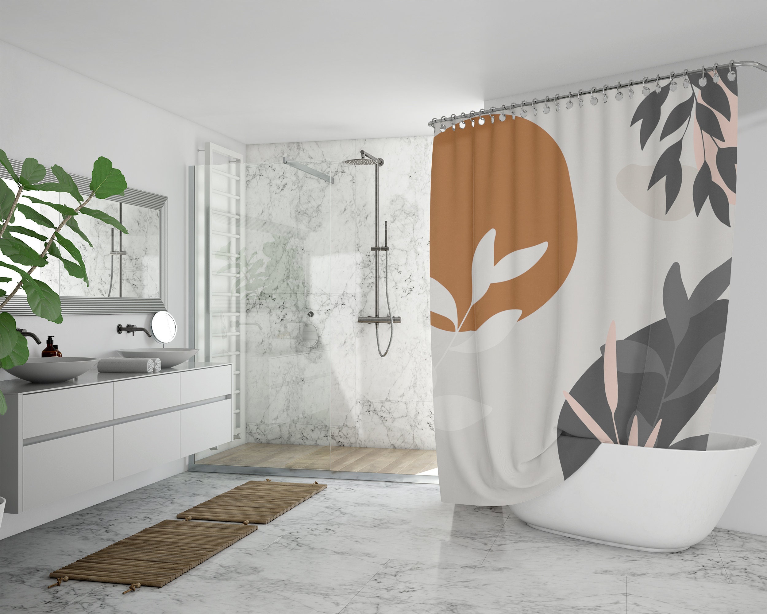 Boho Botanical Abstract Shower Curtain, Beige Rust Black White Blush Branches Leaves Bath Curtain, Modern Decor Gift - Image 4