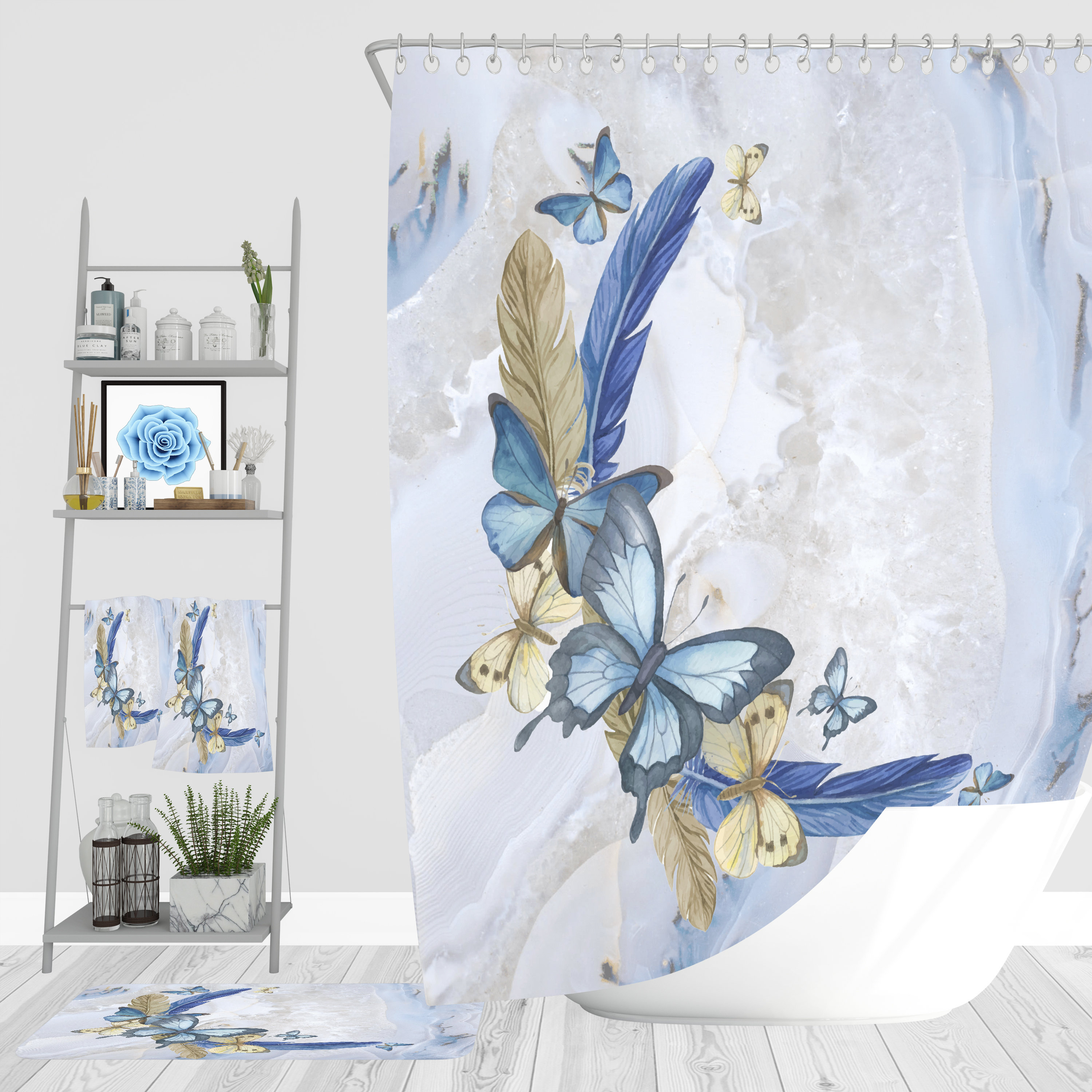 Boho Butterfly Bathroom Decor, Blue Shower Curtain, Bath Towels, Bath Mat, Hand Towel Options