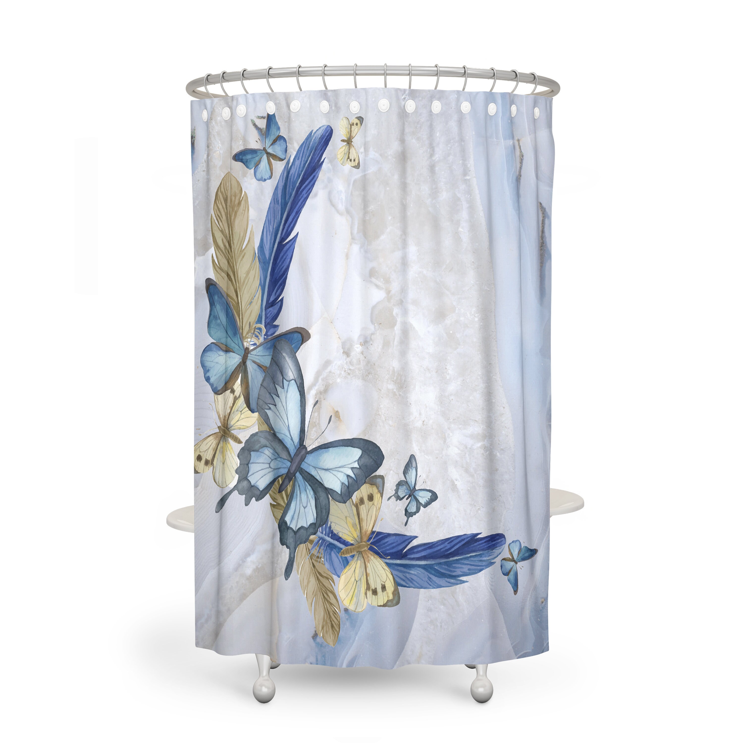 Boho Butterfly Bathroom Decor, Blue Shower Curtain, Bath Towels, Bath Mat, Hand Towel Options - Image 2