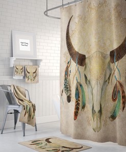 Boho Chic Bull Skull Shower Curtain Optional Bath Mat, Bath Towels , Bathroom Set Beige Watercolor Shower Curtains