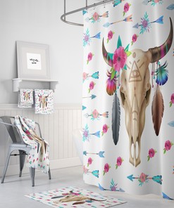 Boho Chic Bull Skull Shower Curtain with Optional Bath Mat and Towels for Pastel Arrow Floral Bathroom Decor