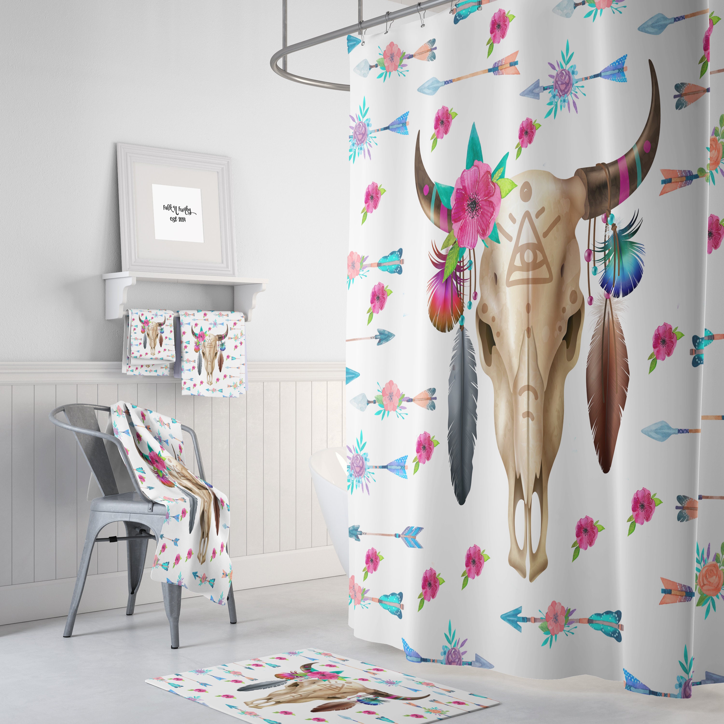 Boho Chic Bull Skull Shower Curtain with Optional Bath Mat and Towels for Pastel Arrow Floral Bathroom Decor