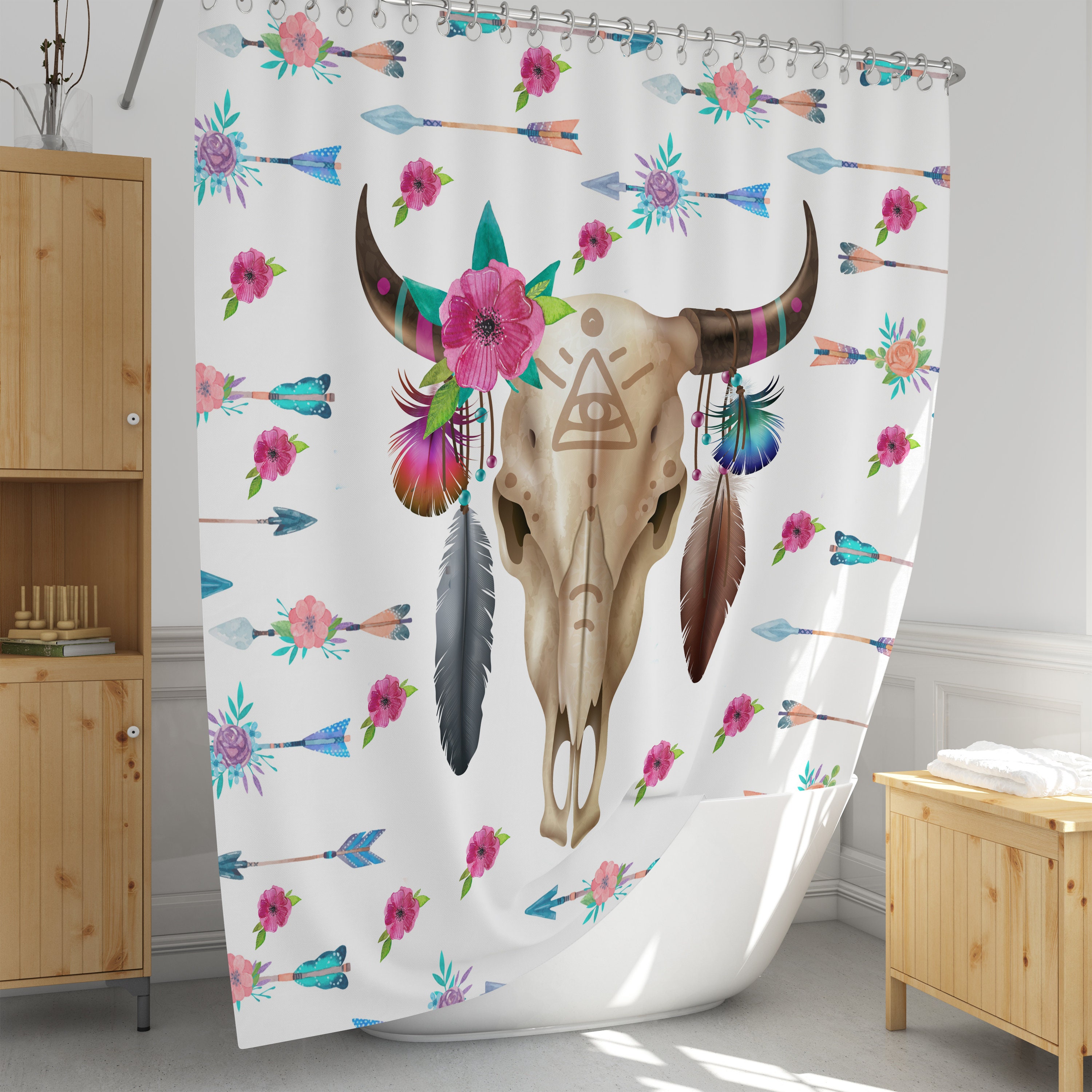 Boho Chic Bull Skull Shower Curtain with Optional Bath Mat and Towels for Pastel Arrow Floral Bathroom Decor - Image 2