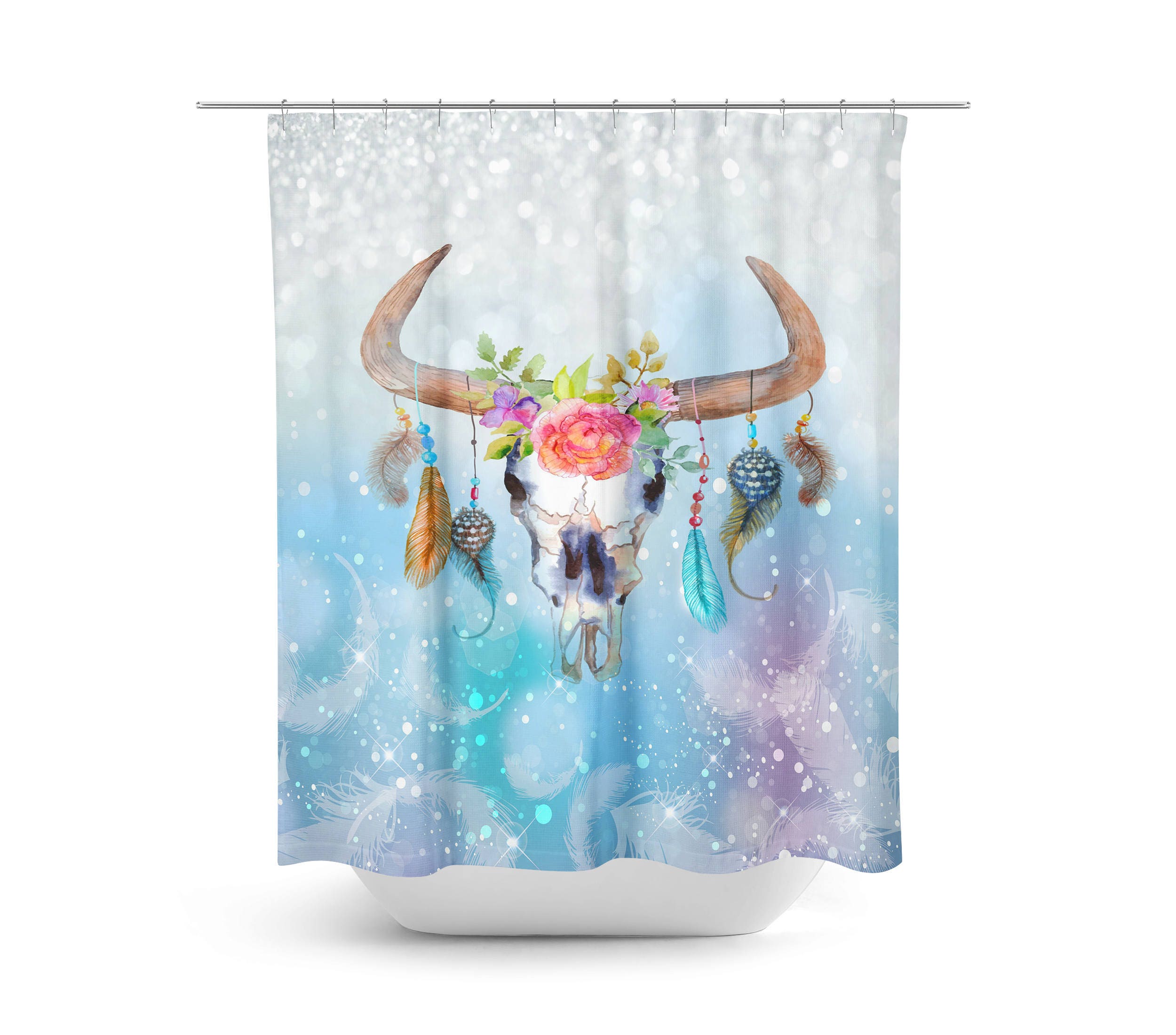 Boho Chic Bull Skull Shower Curtain with Vintage Bathroom Shower Curtains Print - Image 2