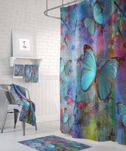 Boho Chic Dragonfly Butterfly Shower Curtain Optional Bath Mat and Towels with Luxury Shower Curtains Print