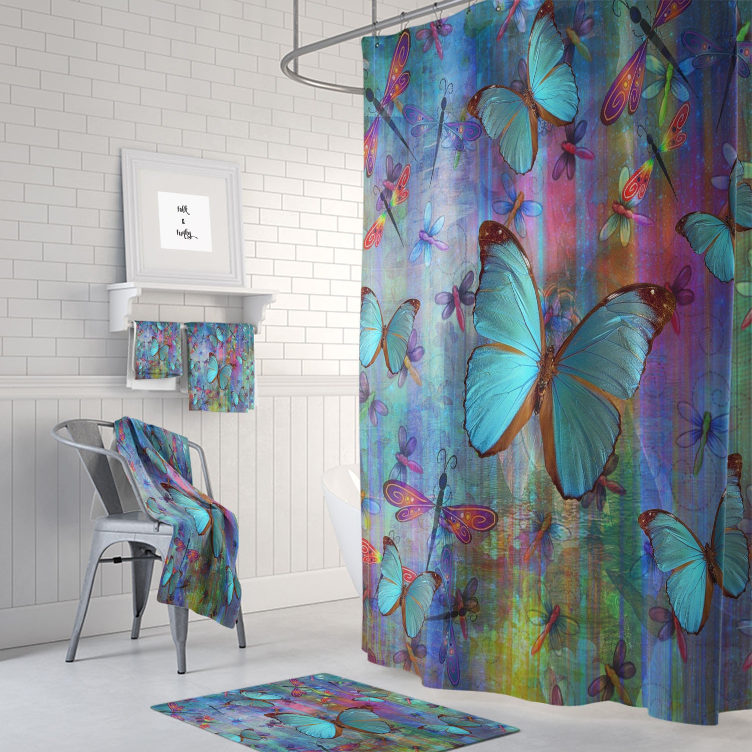 Boho Chic Dragonfly Butterfly Shower Curtain Optional Bath Mat and Towels with Luxury Shower Curtains Print