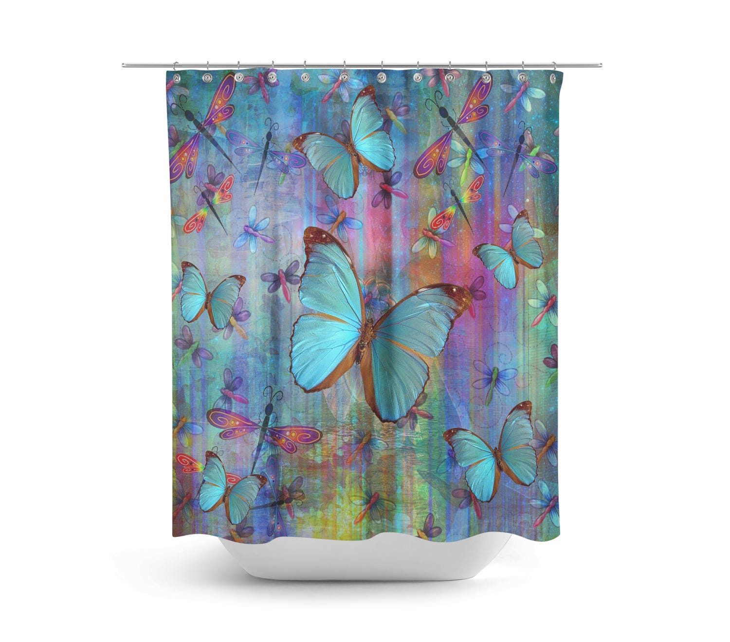 Boho Chic Dragonfly Butterfly Shower Curtain Optional Bath Mat and Towels with Luxury Shower Curtains Print - Image 2