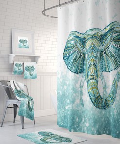 Boho Chic Elephant Shower Curtain, Bath Mat, Bath Towels , Green, Teal Bathroom Set with Print Shower Curtain Print