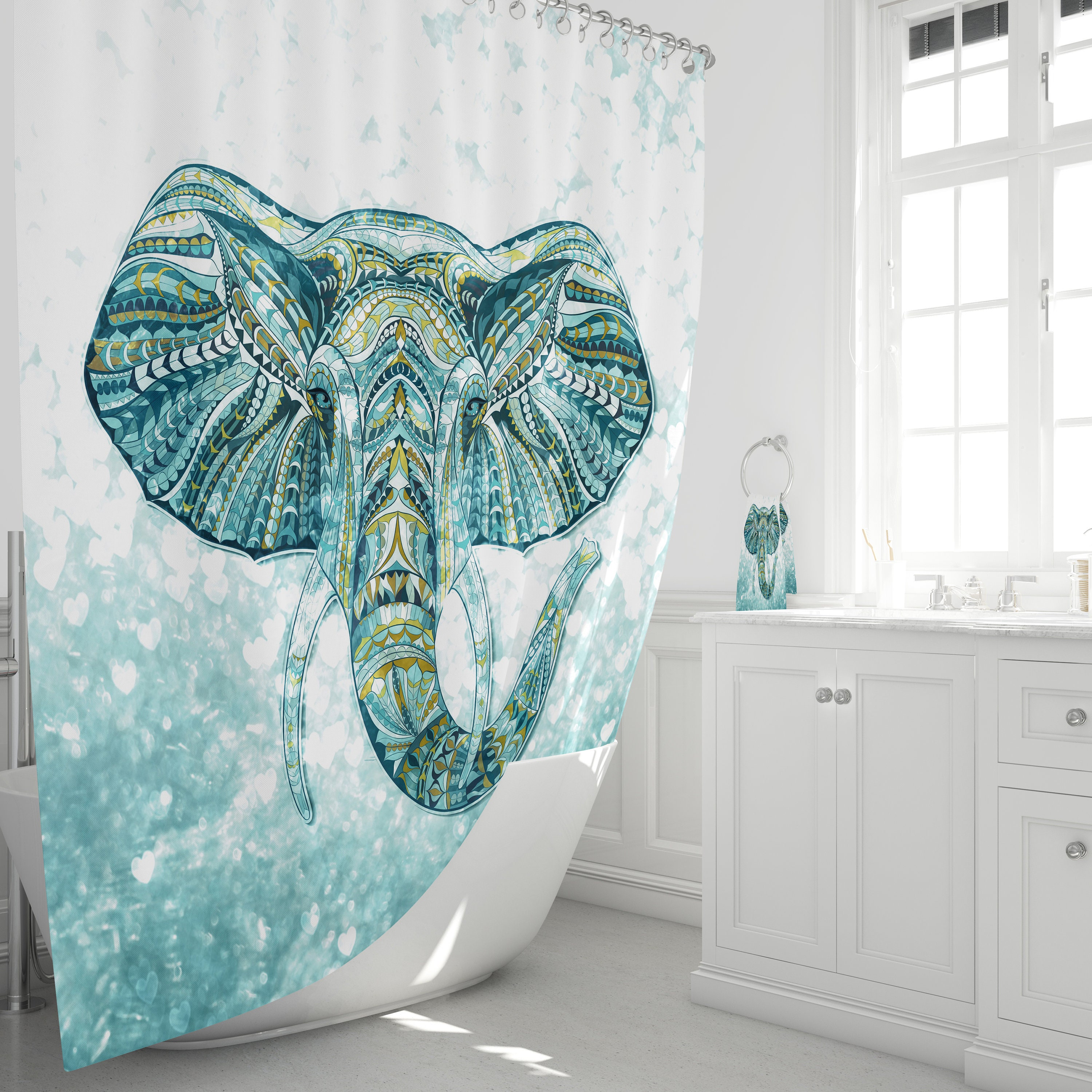 Boho Chic Elephant Shower Curtain, Bath Mat, Bath Towels , Green, Teal Bathroom Set with Print Shower Curtain Print - Image 2
