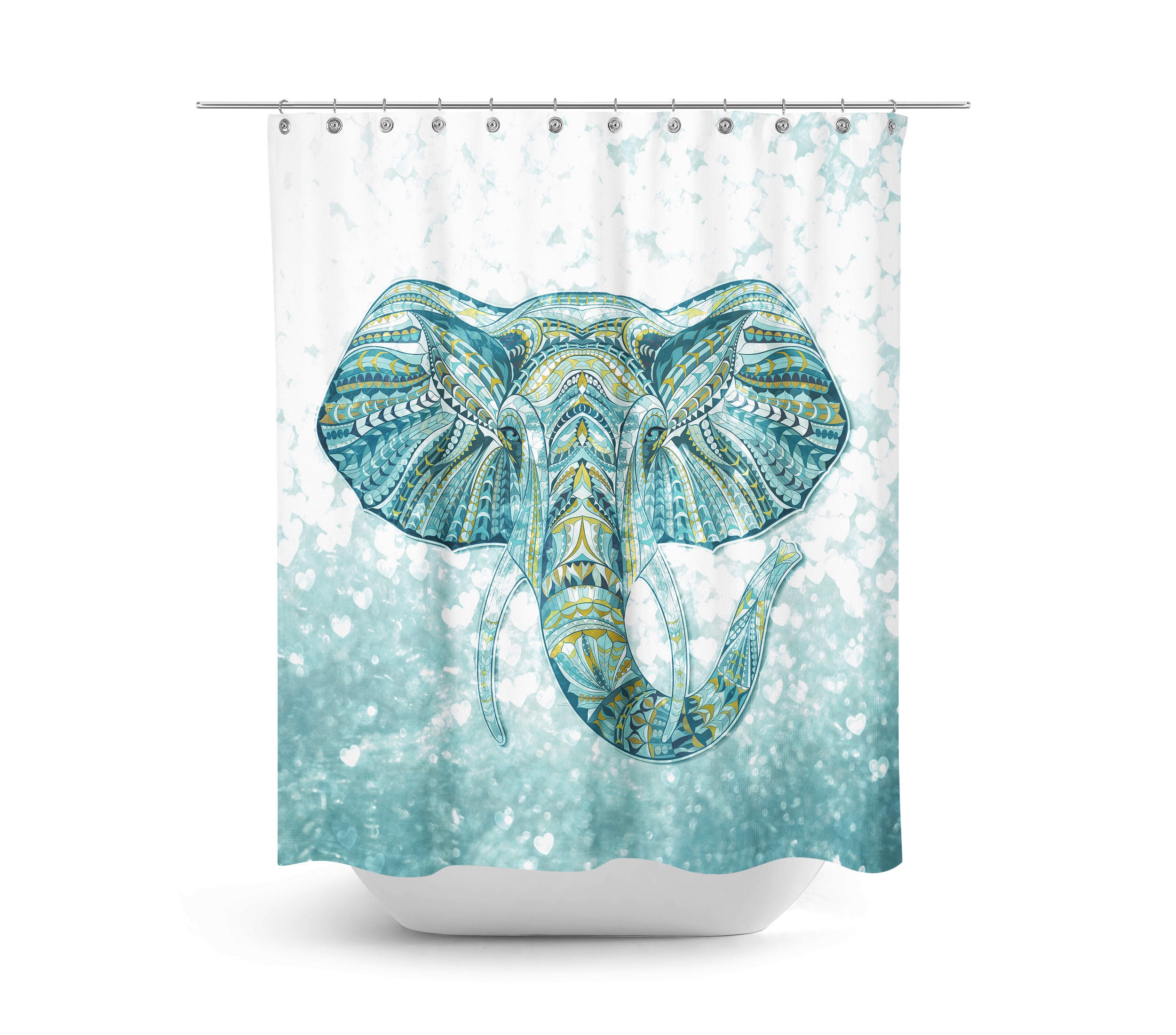 Boho Chic Elephant Shower Curtain, Bath Mat, Bath Towels , Green, Teal Bathroom Set with Print Shower Curtain Print - Image 3