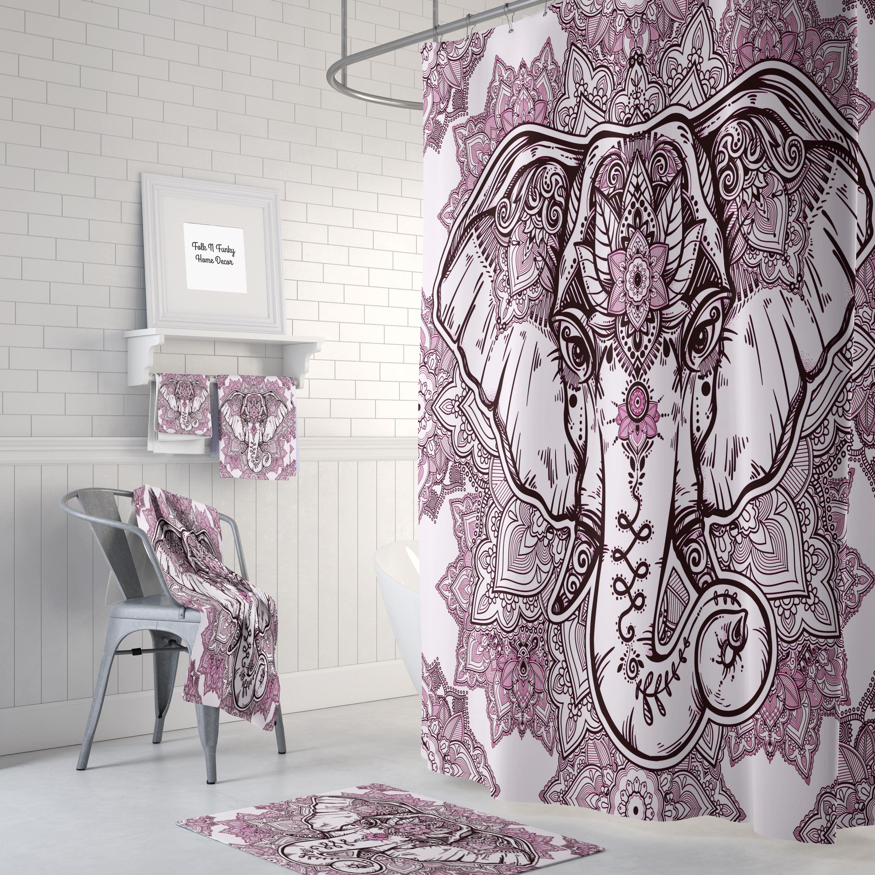 Boho Chic Elephant Shower Curtain for Kids Bathroom