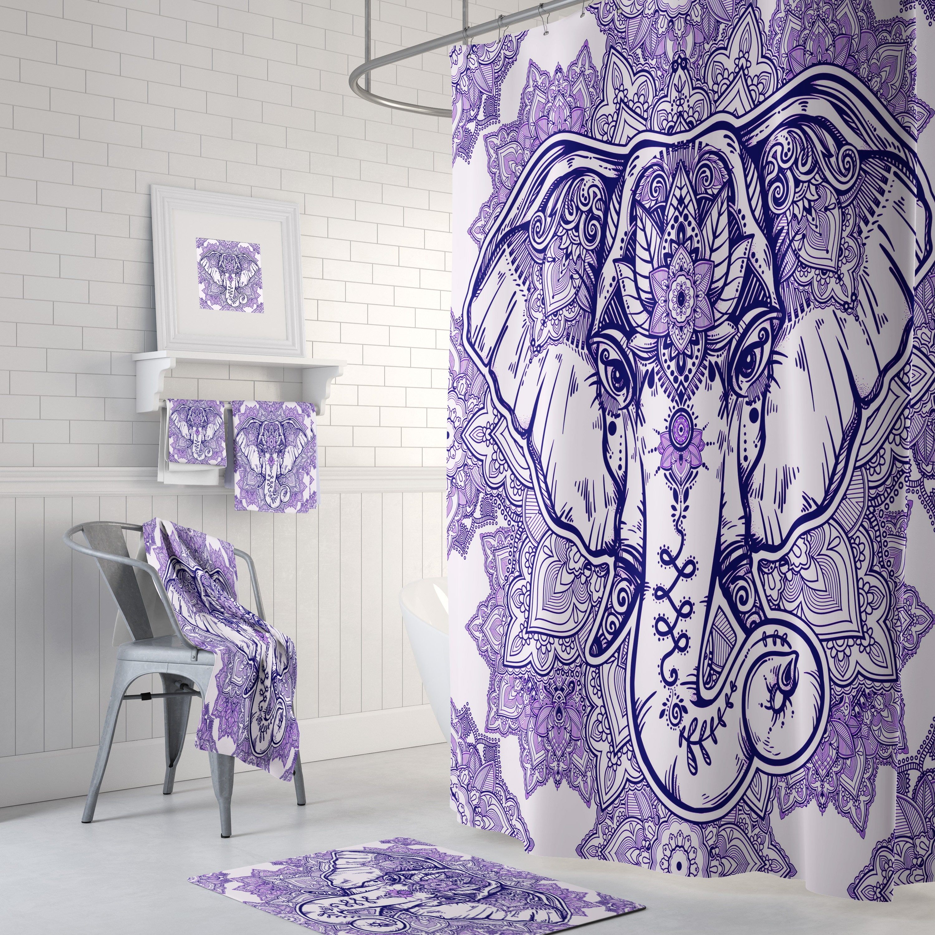 Boho Chic Elephant Shower Curtain for Kids Bathroom - Image 2