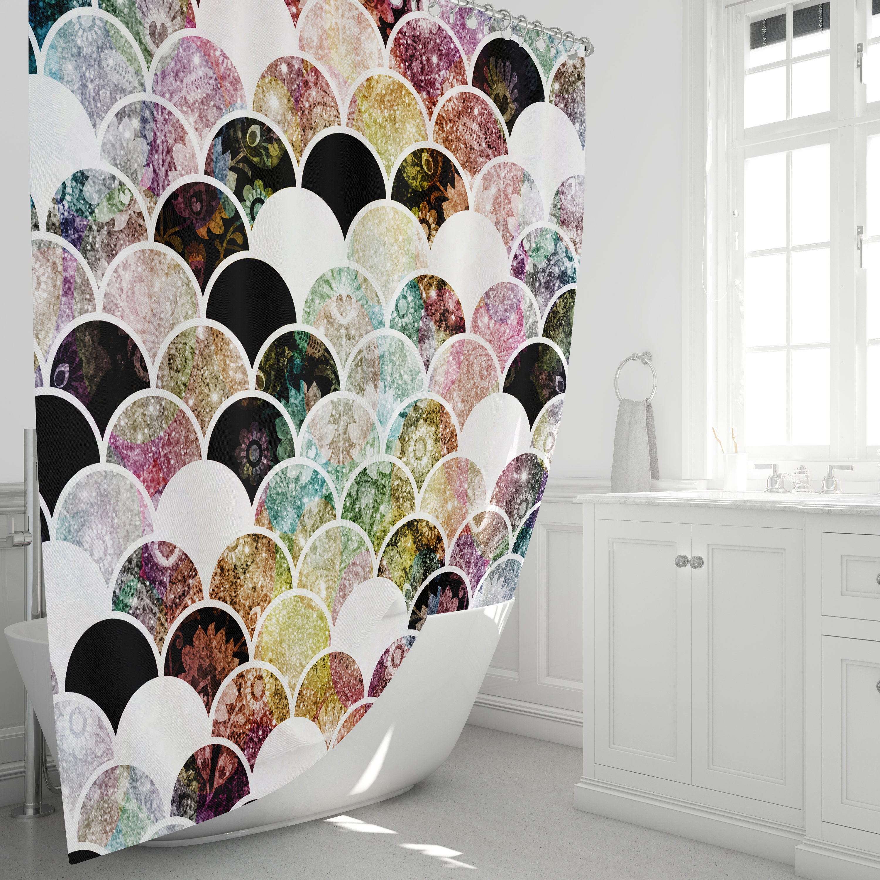 Boho Chic Mermaid Scales Shower Curtain with Unique Design Options for Kids Bathroom