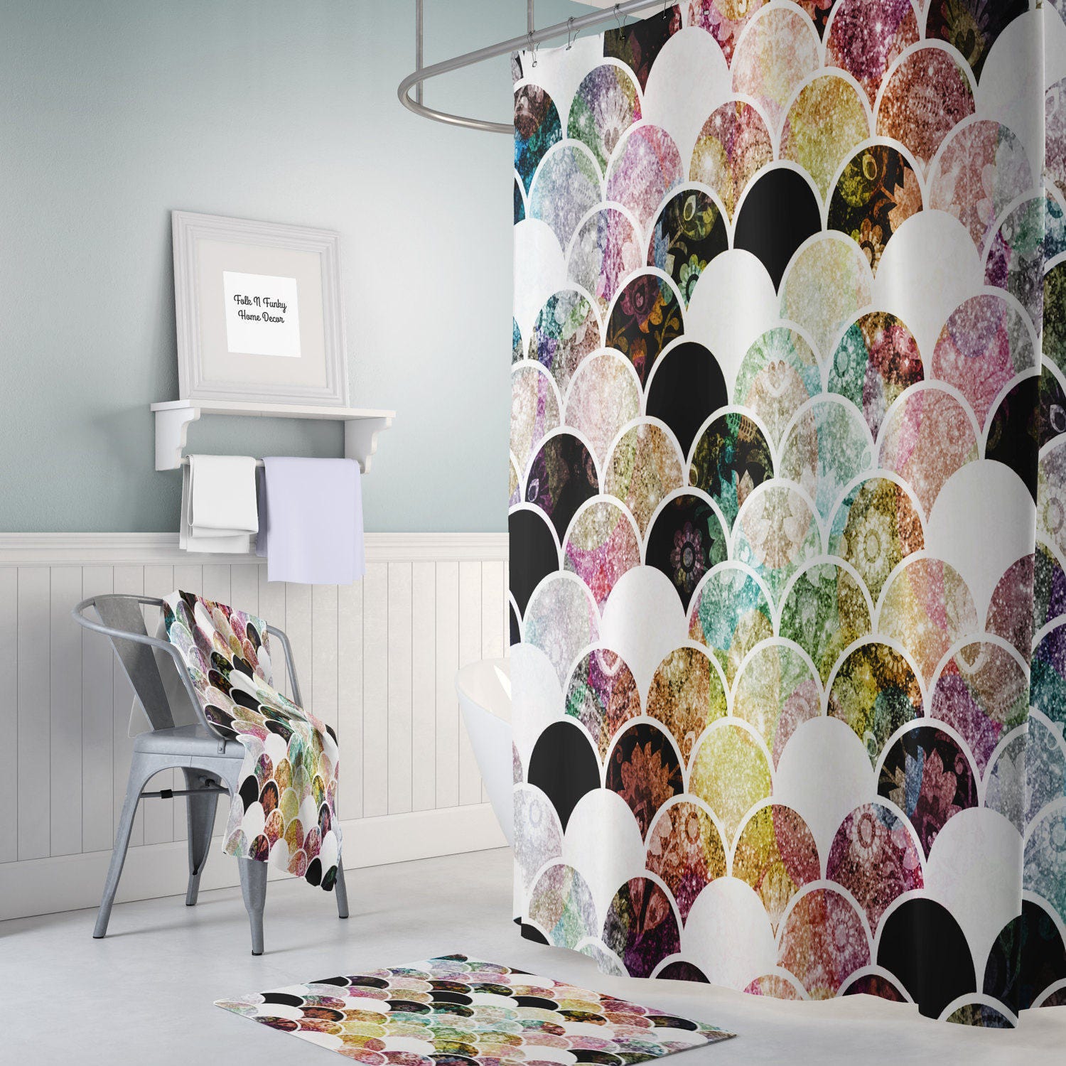 Boho Chic Mermaid Scales Shower Curtain with Unique Design Options for Kids Bathroom - Image 2