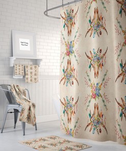 Boho Chic Shower Curtain, Bath Towels, Bath Mat , Southwest Bull Skull, Beige with Best Shower Curtains Print
