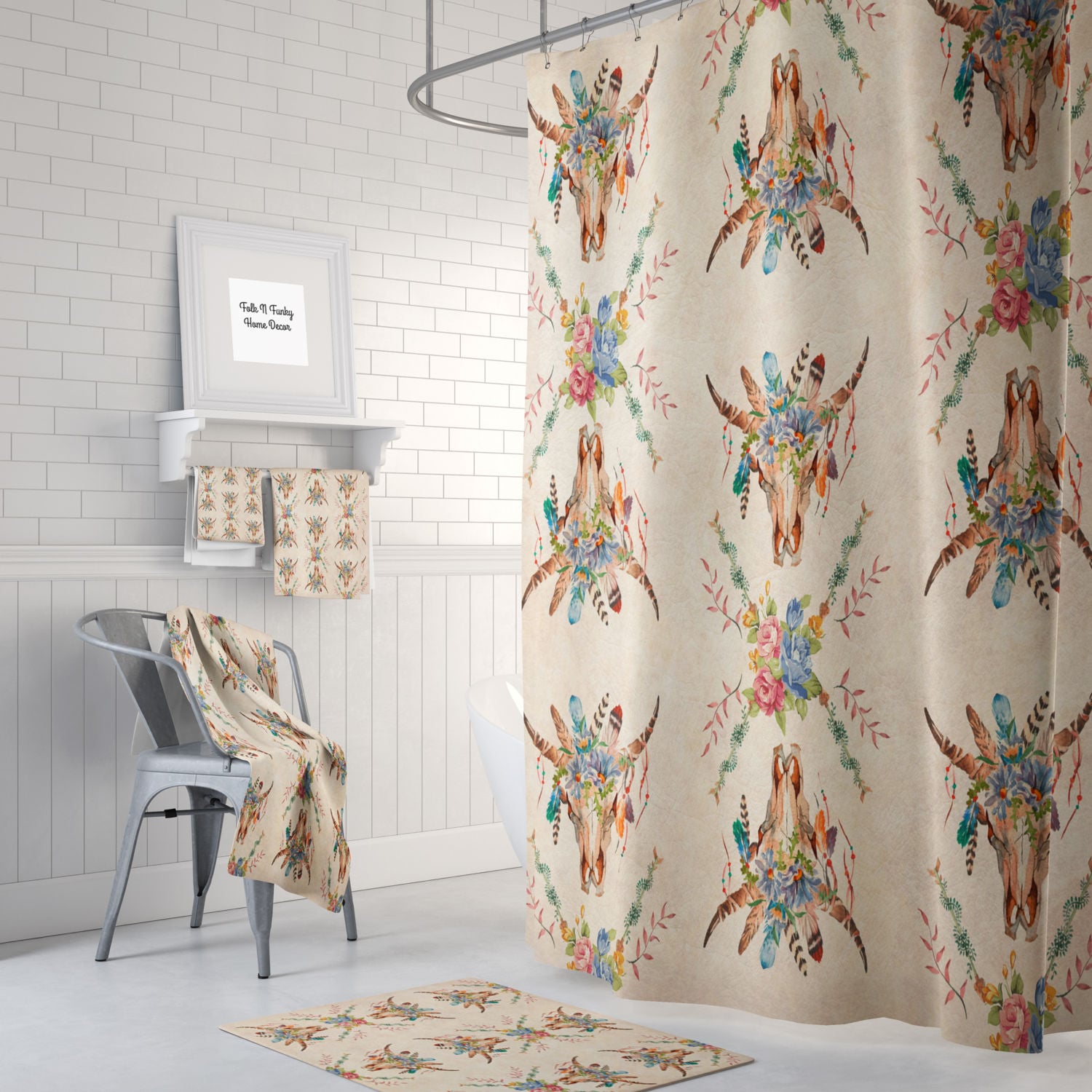 Boho Chic Shower Curtain, Bath Towels, Bath Mat , Southwest Bull Skull, Beige with Best Shower Curtains Print