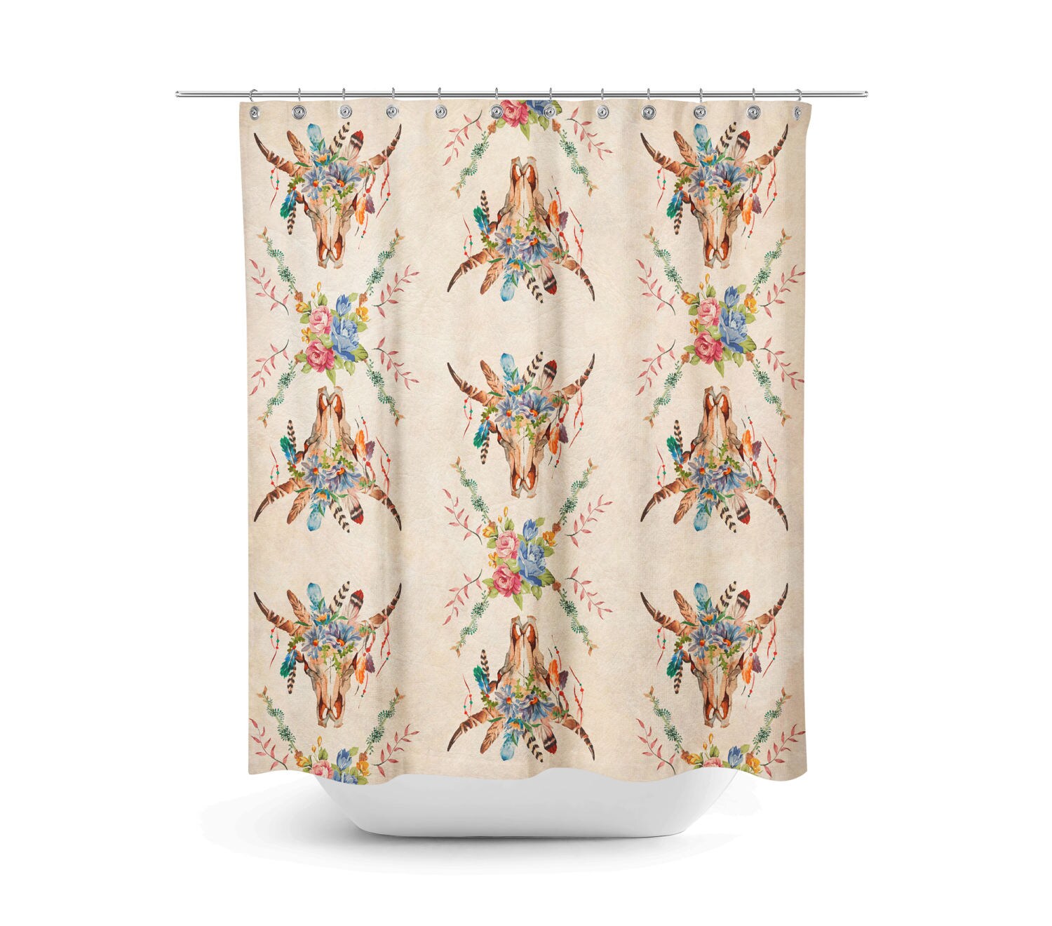 Boho Chic Shower Curtain, Bath Towels, Bath Mat , Southwest Bull Skull, Beige with Best Shower Curtains Print - Image 2