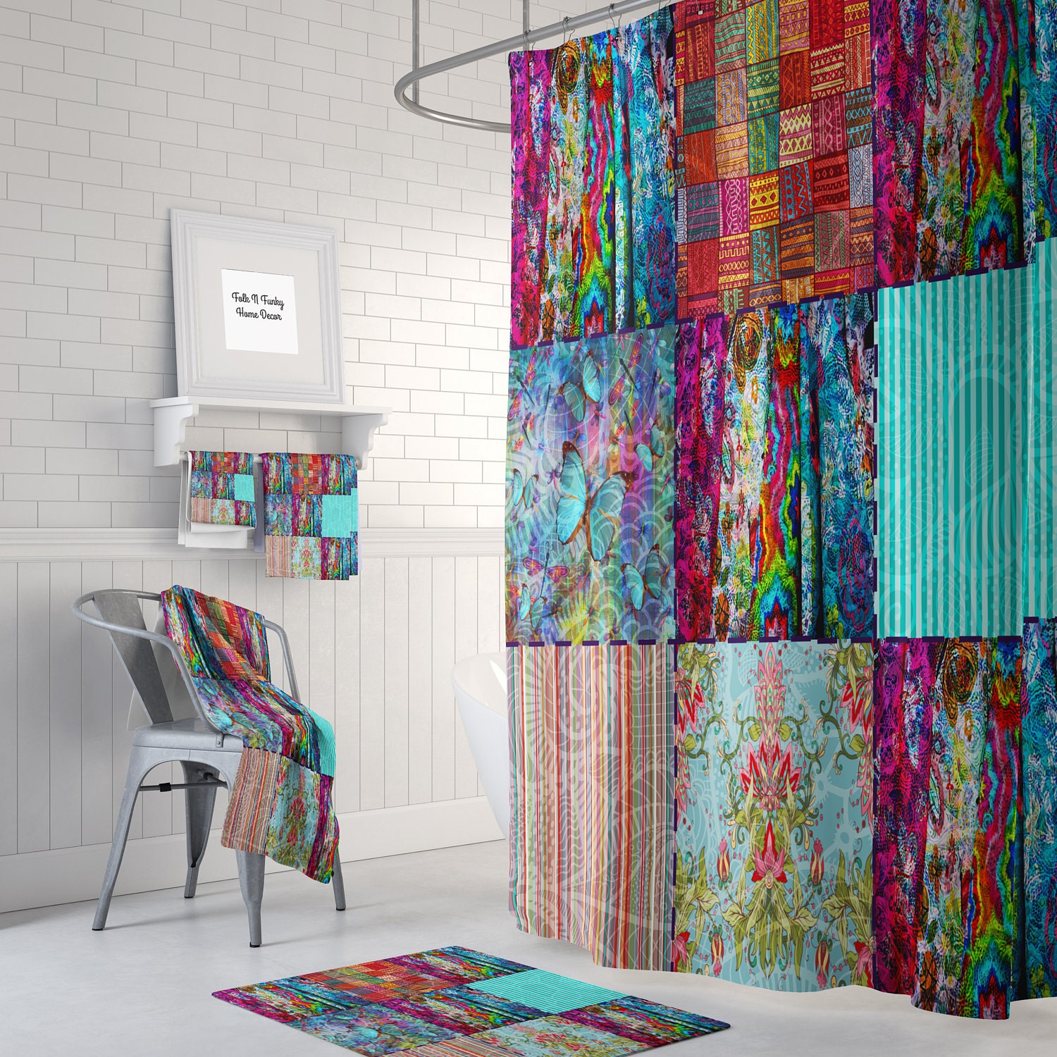 Boho Chic Shower Curtain Optional Bath Mat Bathroom Set Gypsy Blocks with Shower Curtains Decorative Print