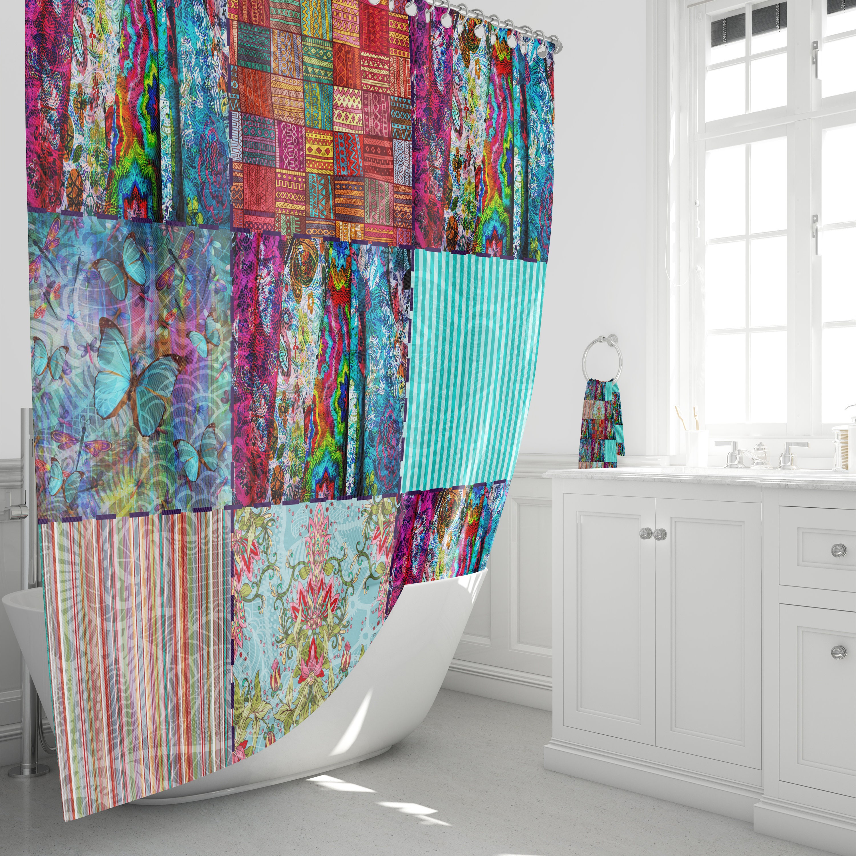 Boho Chic Shower Curtain Optional Bath Mat Bathroom Set Gypsy Blocks with Shower Curtains Decorative Print - Image 2