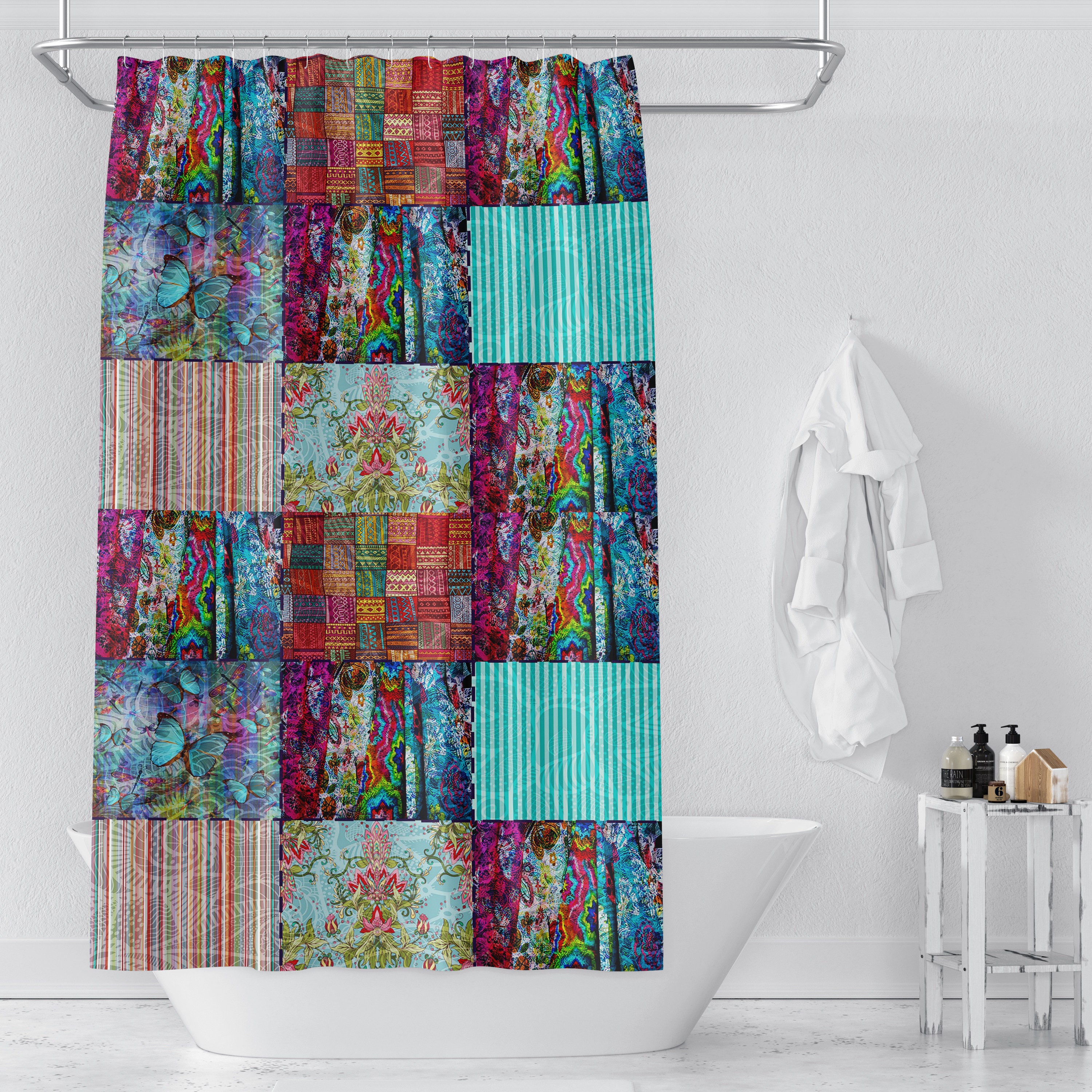 Boho Chic Shower Curtain Optional Bath Mat Bathroom Set Gypsy Blocks with Shower Curtains Decorative Print - Image 3