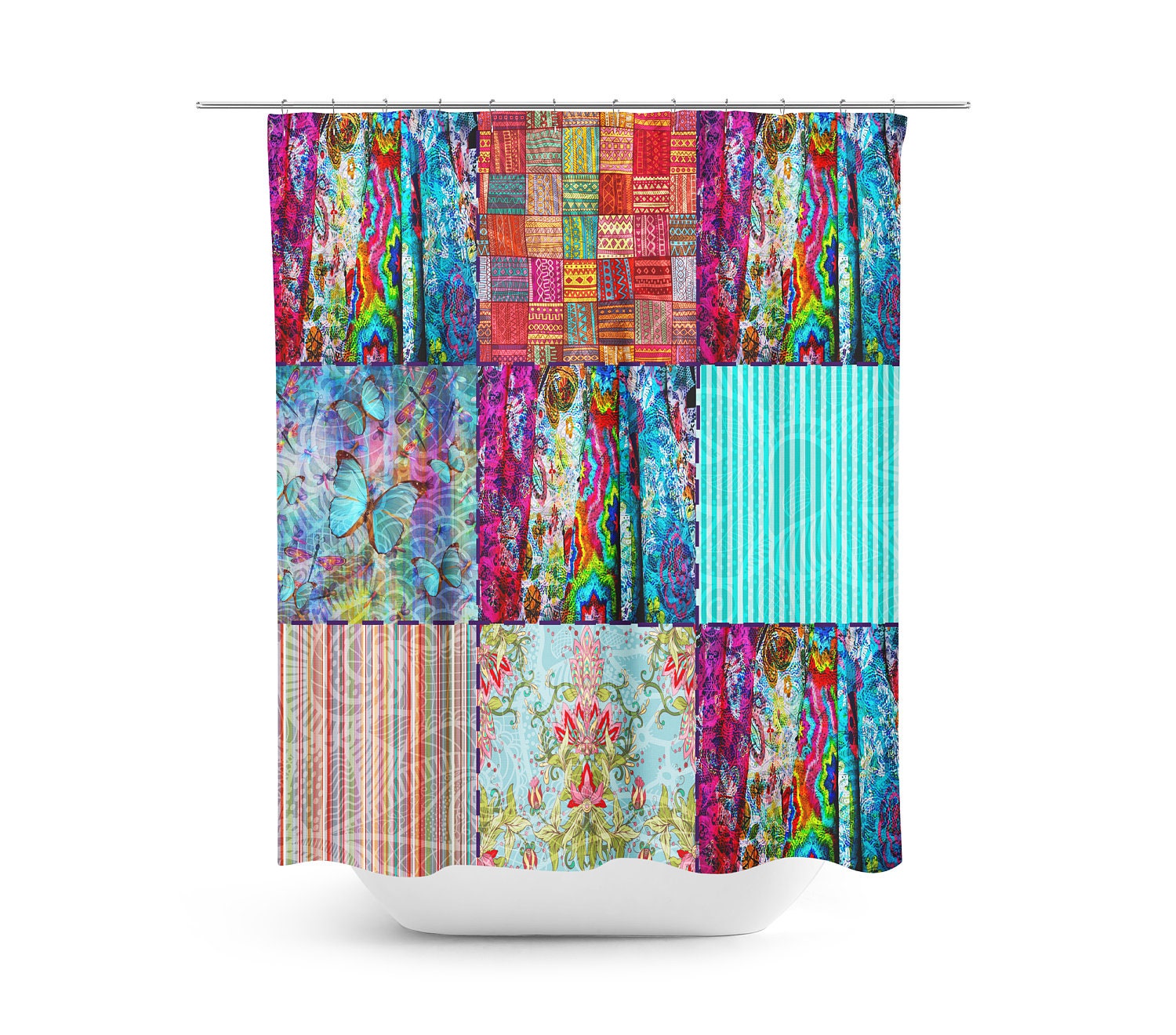Boho Chic Shower Curtain Optional Bath Mat Bathroom Set Gypsy Blocks with Shower Curtains Decorative Print - Image 4