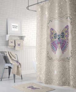 Boho Chic Shower Curtain , Sparking Butterfly, Optional Bath Mat Bathroom Set Gypsy Spirit